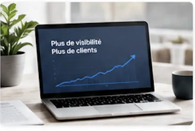 Ordinateur portable affichant « Plus de visibilité, plus de clients » avec une courbe de croissance